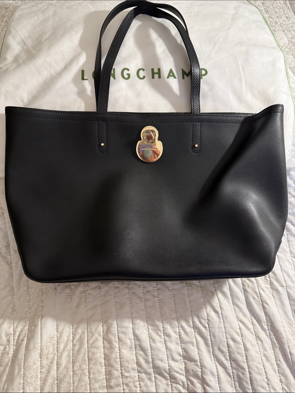 Longchamp Black Leather Tote with Gold-Tone Lock